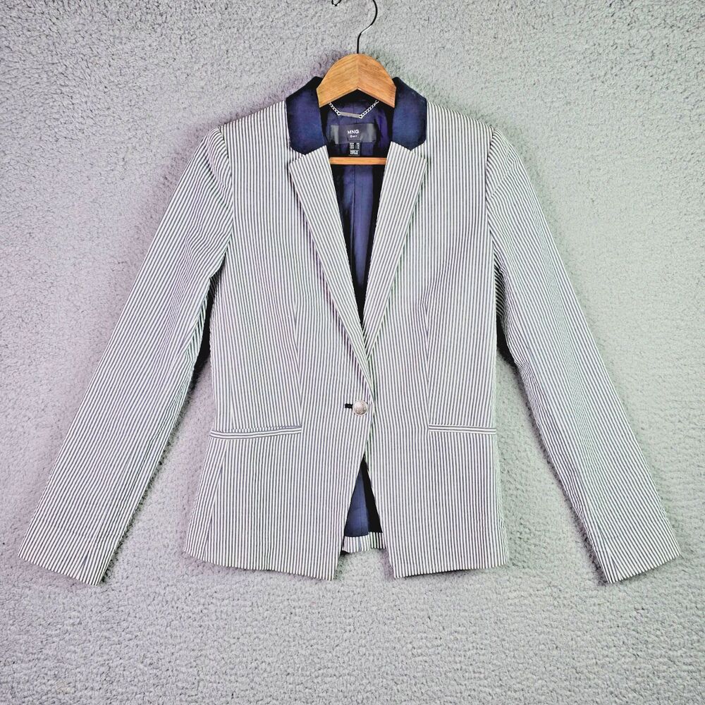 MNG Mango Contrast Lapel 100% Cotton Blazer Navy White Pinstripe 4 Silver Button